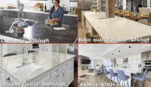 Comparison of countertop material options with prices per square foot. Hire a contractor today to get the best countertops for your kitchen remodel.