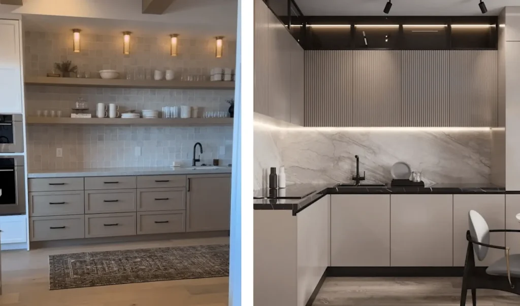 Two modern kitchen designs showcasing the latest trends in cabinetry and lighting. Update your kitchen with these sleek, contemporary styles!