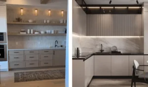 Two modern kitchen designs showcasing the latest trends in cabinetry and lighting. Update your kitchen with these sleek, contemporary styles!