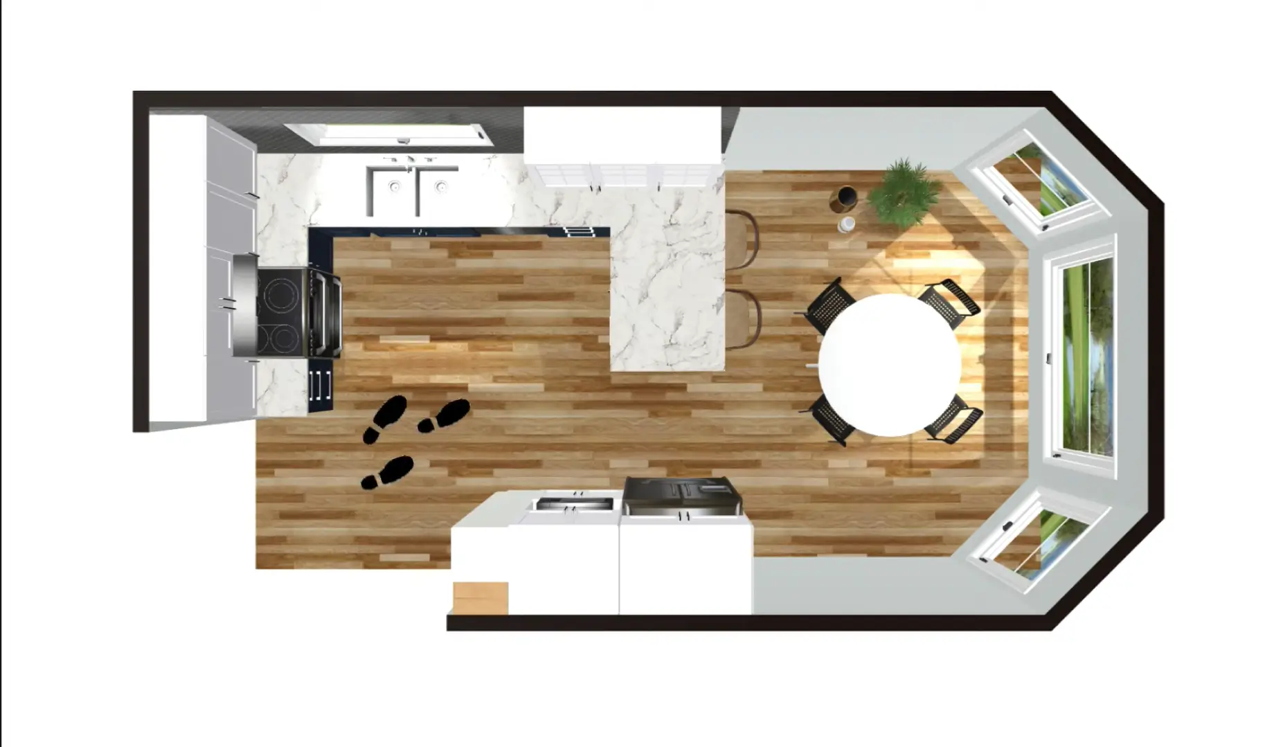 Top-down view of a modern kitchen layout design. Discover how a professional can bring your kitchen vision to life.