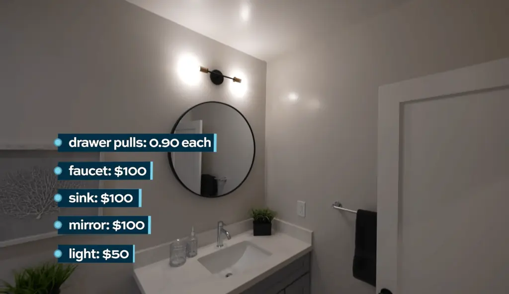 Modern bathroom with a round mirror, vanity, and a list of costs for drawer pulls, faucet, sink, mirror, and light fixture.